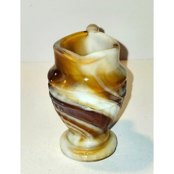 Vintage Imperial Glass Caramel Brown & White Slag Glass Miniature Pitcher Vase - Picture 3 of 7